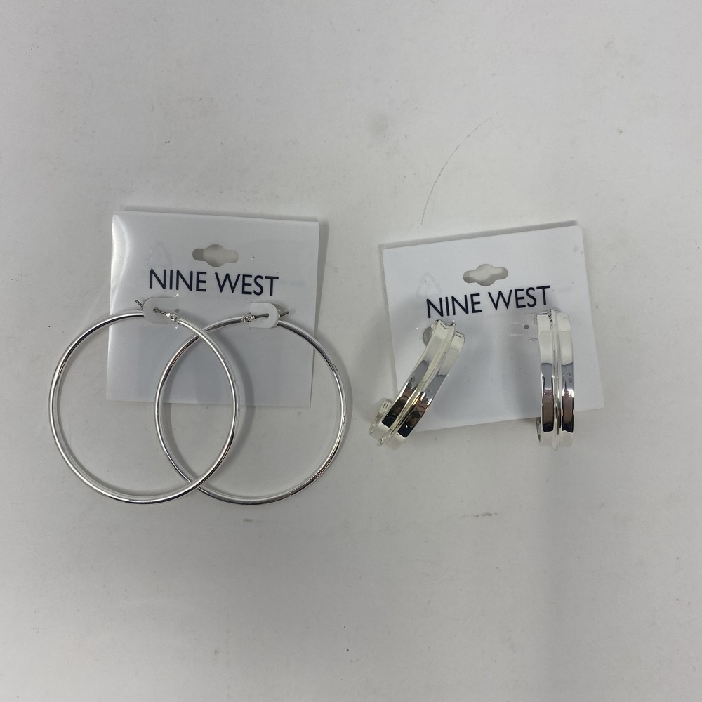 NINE WEST Silver Tone Hoop Earrings Set‎ - Classic Large & Modern Double Band
